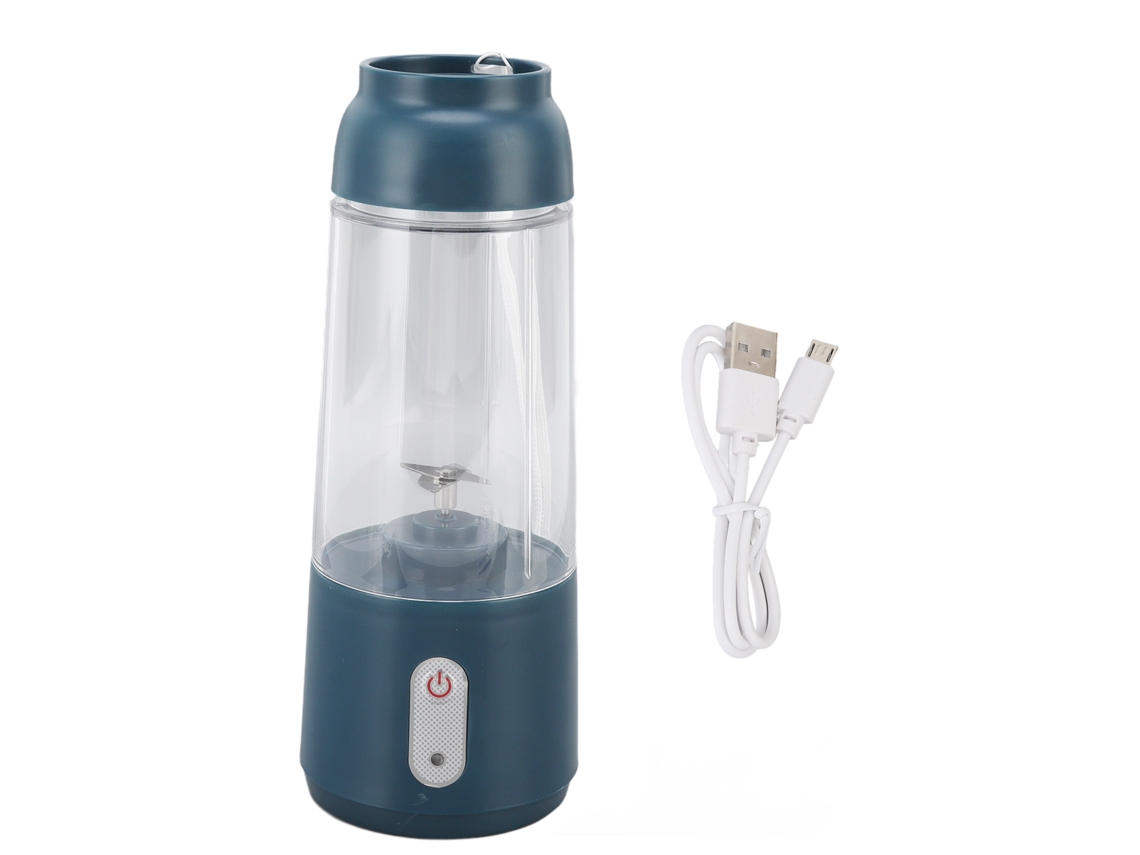 Exprimidor eléctrico portátil de 300 ml y 1200 mAh con botón de carga USB y batería para oficina.