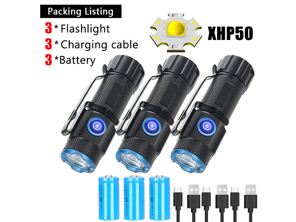 Mini linterna P50 superbrillante con clip de bolsillo e imán trasero, batería 16340, recargable por USB para emergencias. Aeuzwr