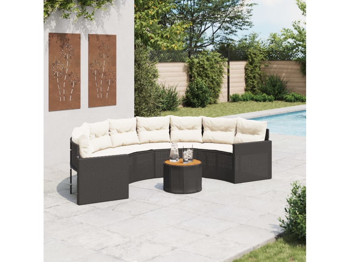 Sofá de jardín con mesa y cojines semicirculares en mimbre negro PE Dkd Home Decor