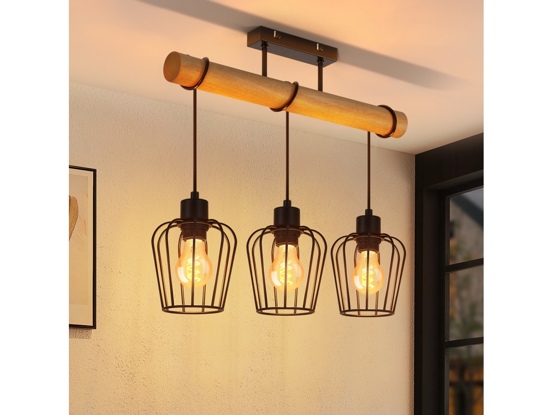 Lámpara de techo vintage de madera para salón, lámpara de techo de metal con diseño industrial negro con bombilla E27 (bombilla no incluida) Zmh