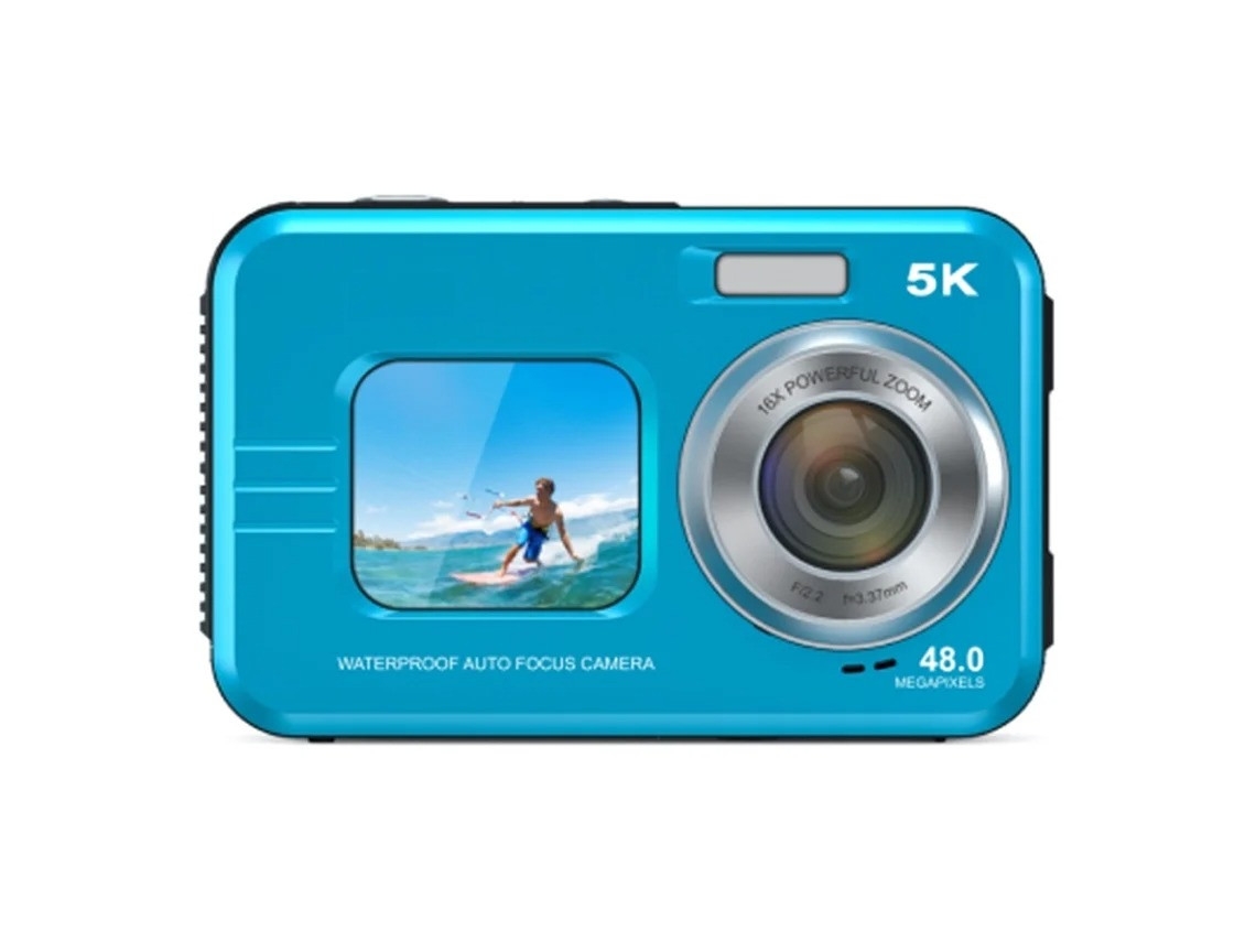 Cámara digital Yizhood Ultra HD 5K, impermeable, 48 MP, pantalla dual, zoom 16x, enfoque automático (azul) (trasera de 2,8" y frontal de 1,7")