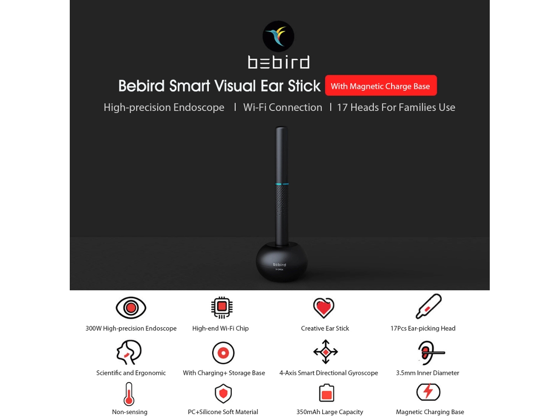 Endoscopio Bebird Smart Visual Ear Stick M9 Pro De 300 W Con 17 Cabezales De Limpieza Y Recargable Por Usb.