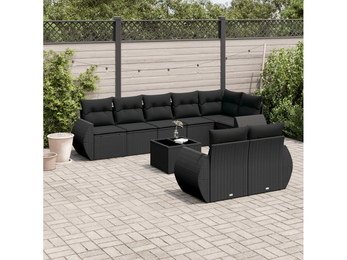 Conjunto de sofá de jardín de 9 piezas con cojines, ratán negro, Dkd Home Decor