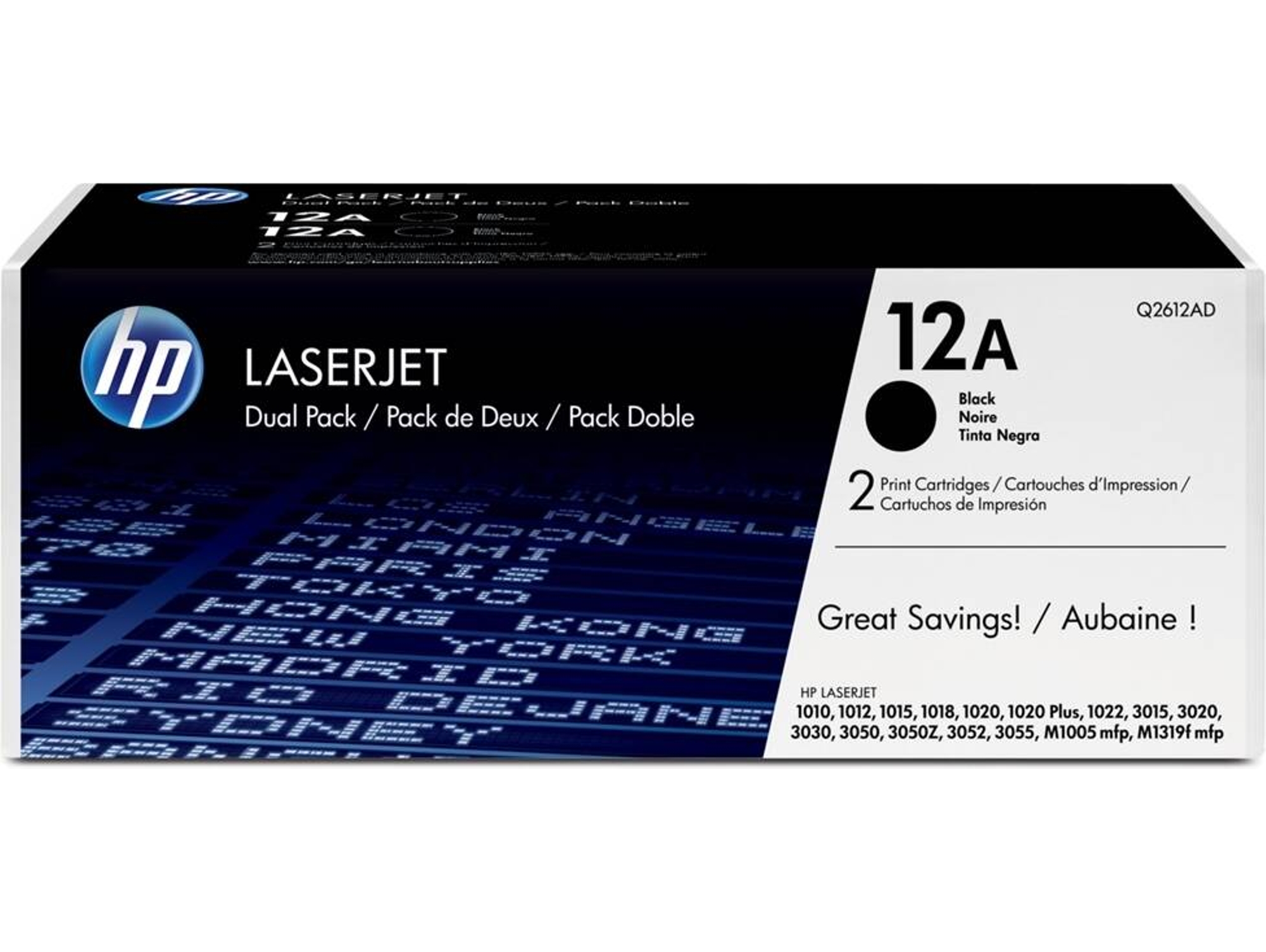 Pack de ahorro de 2 cartuchos de tóner Original HP 12A Negro para HP LaserJet 1010, 1012, 1015, 1020, 1022, 1022n, 1022nw, LaserJet 3050, 3055, M1005, M521dn, M521dw, 3020, 3015, 3030, 3052, M1319f