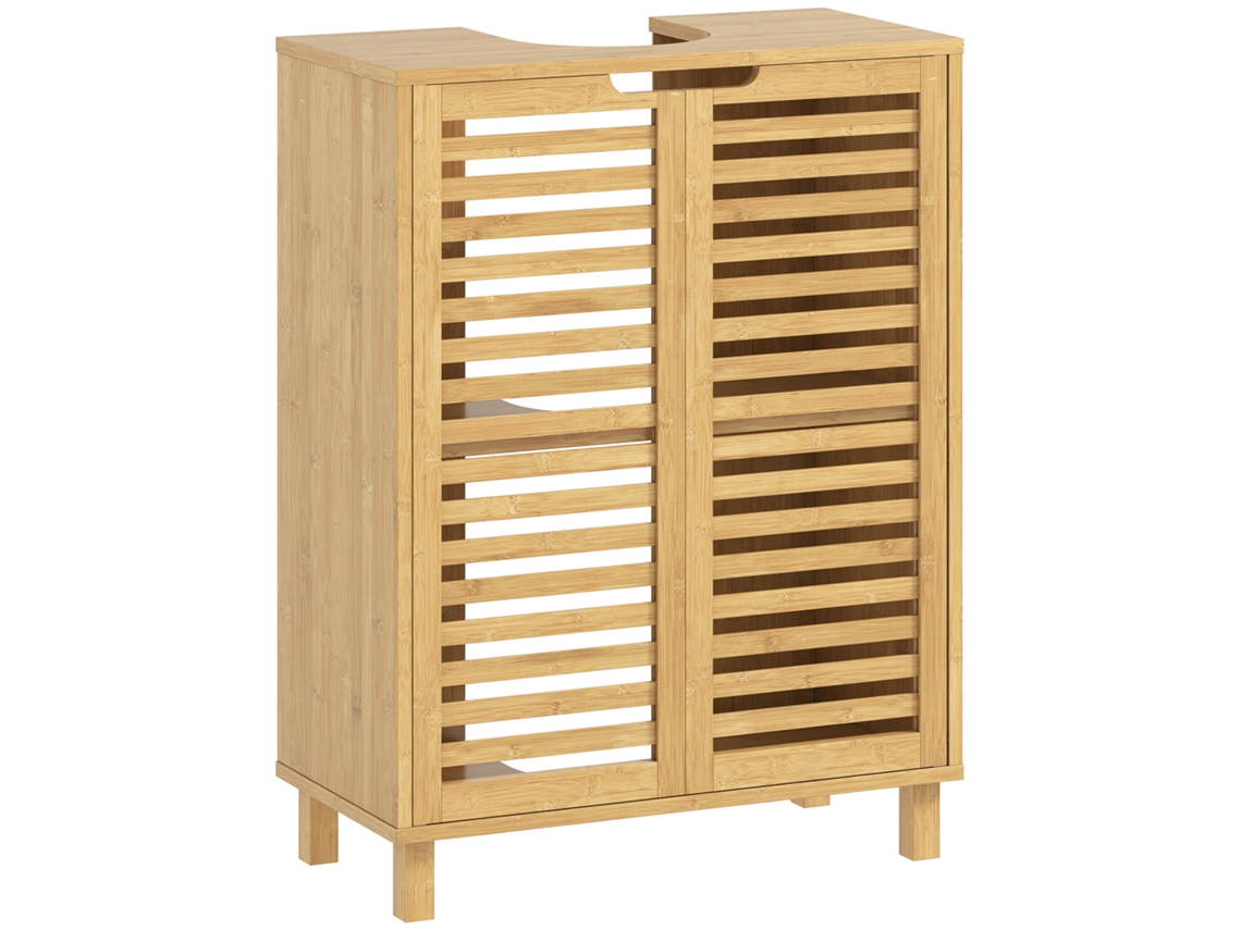 Mueble De Bambú Con Fregadero, Puertas De Listones, Estante Ajustable Y Acabado Natural.
