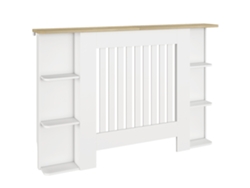 Cubierta para radiador con estantes, diseño moderno de listones para salón/dormitorio, 124x19x83 cm, blanca