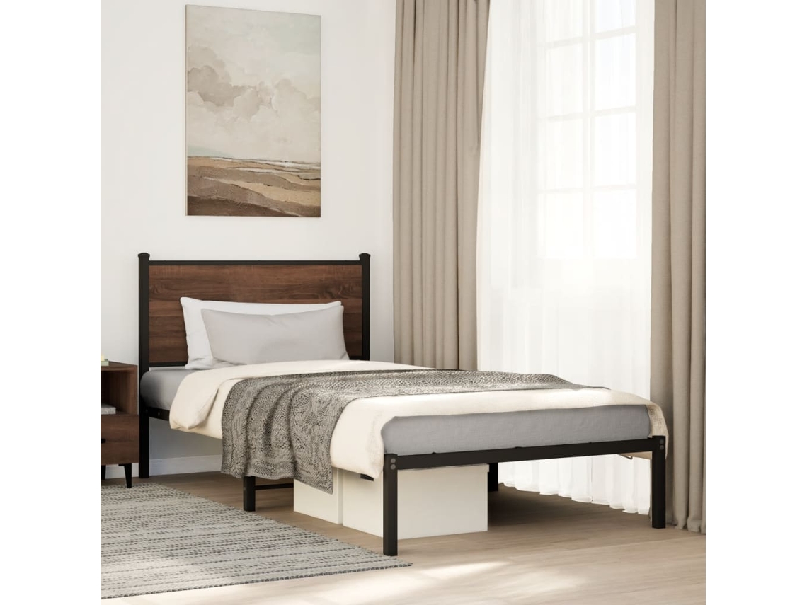 Estructura De Cama Sin Colchón Metal Marrón Roble 107x203 Cm