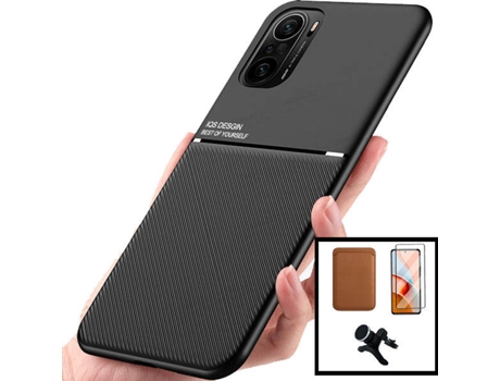 Kit Carcasa, Protector Cristal 5D Y Soporte Xiaomi Poco F3 Phonecare Magnetic Lux Y Soporte Coche Reforzado Marrón