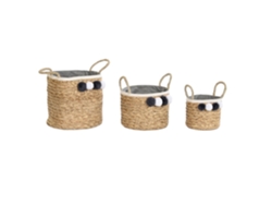 Set 3 Cesta Fibra Algodon Pompon Natural 41x37x36cm