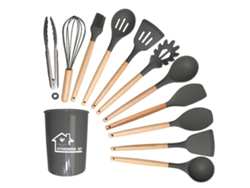 KOFIHETY Juego de utensilios de cocina de silicona resistente al calor, espátulas con mangos de madera y menaje antiadherente