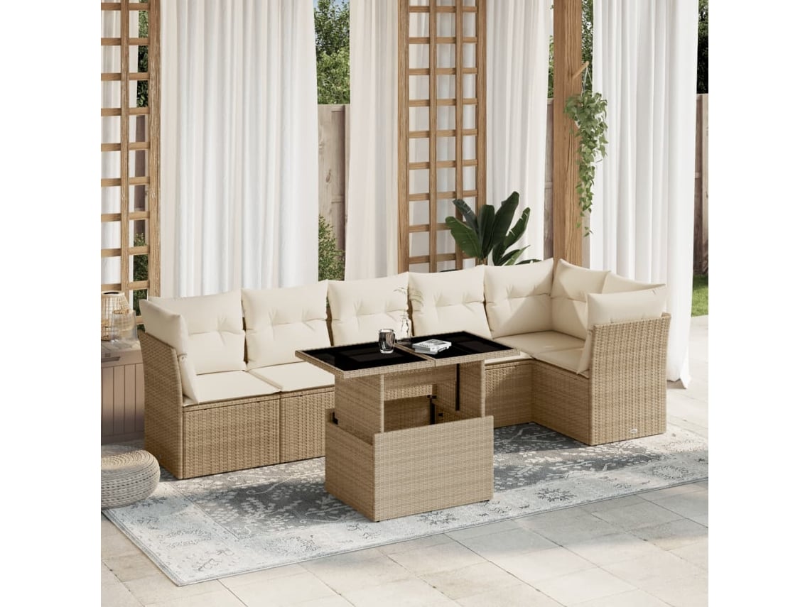 Conjunto de 7 sofás de jardín con cojines de mimbre beige de Dkd Home Decor