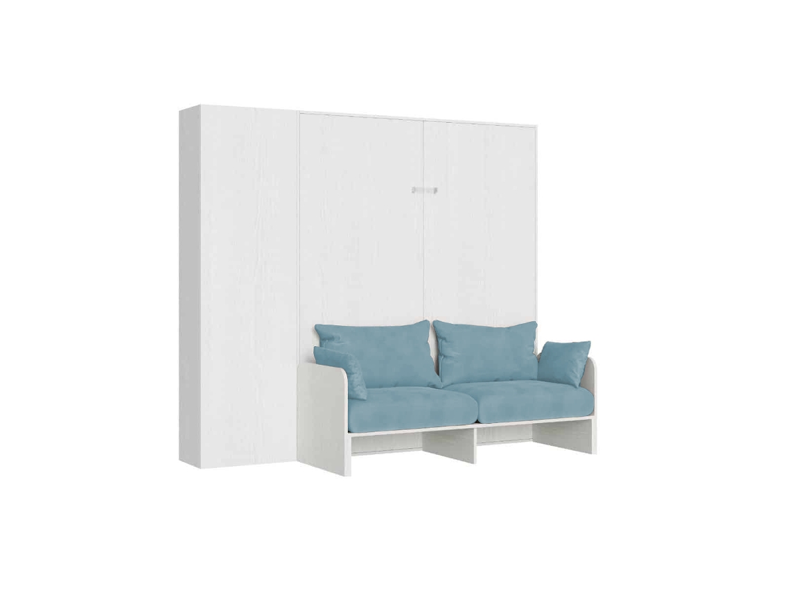 Cama Doble Abatible Kentaro De 160 Cm Con Sofá Y Columna En Fresno Blanco Y Azul Claro