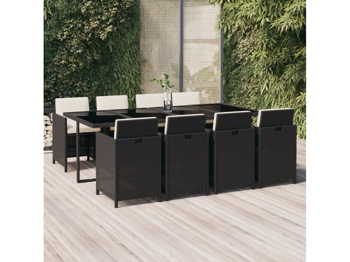 Juego de comedor de jardín de 9 piezas con cojines, mimbre sintético negro, DKD Home Decor