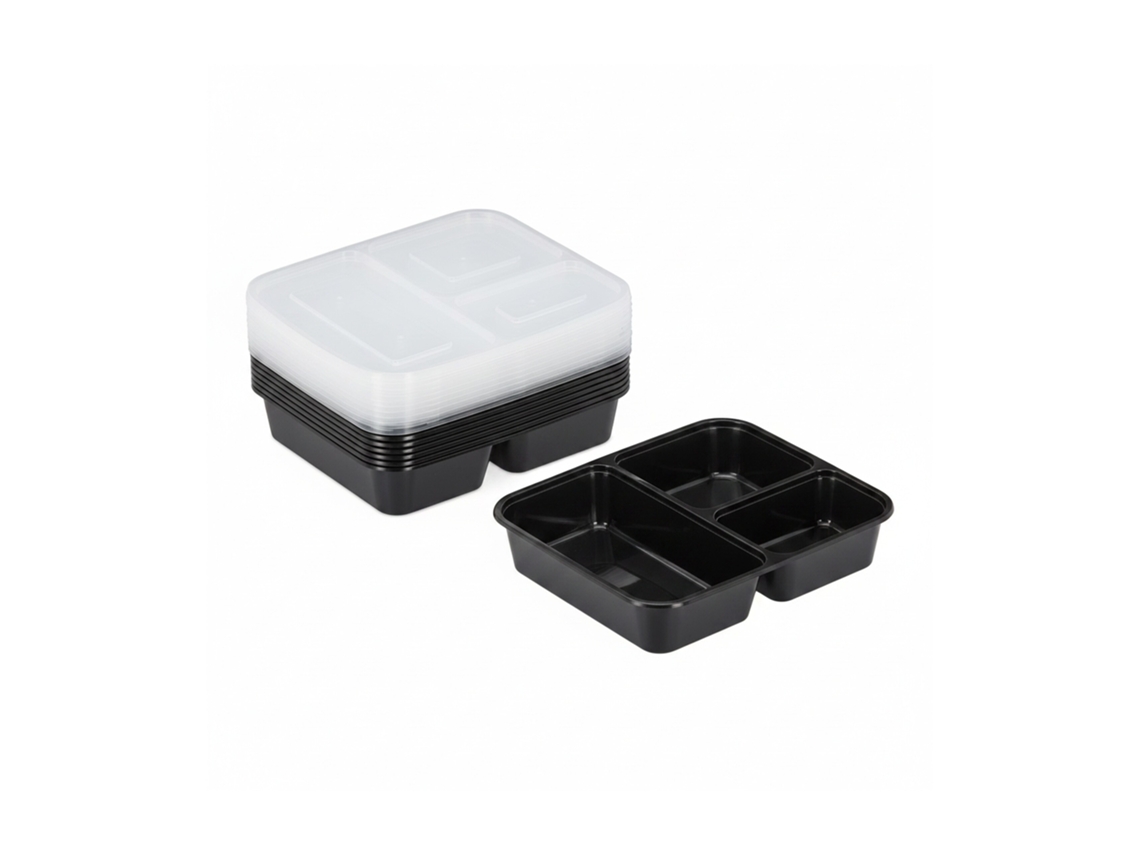 Relaxdays Set 10 Fiambreras Plástico, Recipientes Con Tapa, 3 Compartimentos, Microondas, 1000ml, Para Microondas, Negro