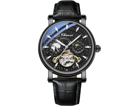 VEANXIN Reloj de pulsera mecánico con cuerda automática y fase lunar, resistente al agua, con correa de cuero-azul negro