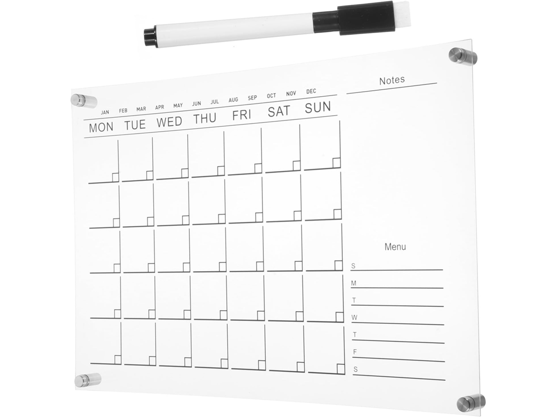 Pizarra Blanca Mural De Acrílico Transparente Con Calendario Semanal, 4 Chinchetas Y 1 Rotulador Blanco