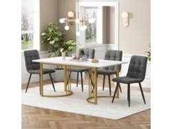 Mesa de 140 cm con 4 sillas, terciopelo gris oscuro con detalles dorados.