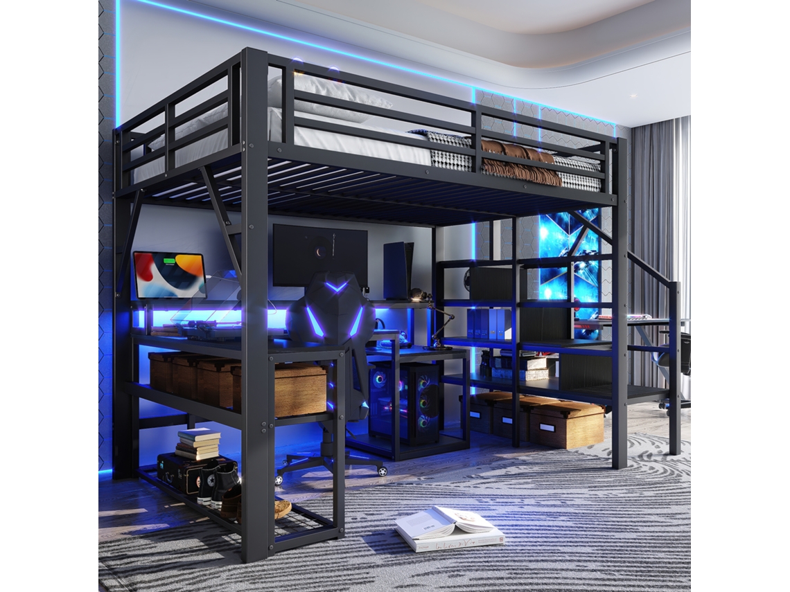 Cama Alta 140x200 - Con Escritorio, Led, Usb Y Almacenaje - Negro