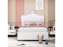 Cama Infantil en Piel Sintética 90x200 cm con LED y 2 Cajones con Somier de Láminas Blanco