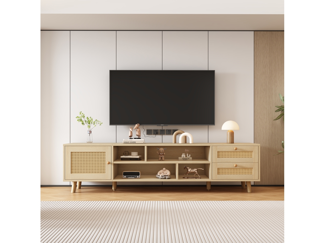 Mueble De Tv De Madera De Ratán Con Sistema De Gestión De Cables Y 2 Cajones.