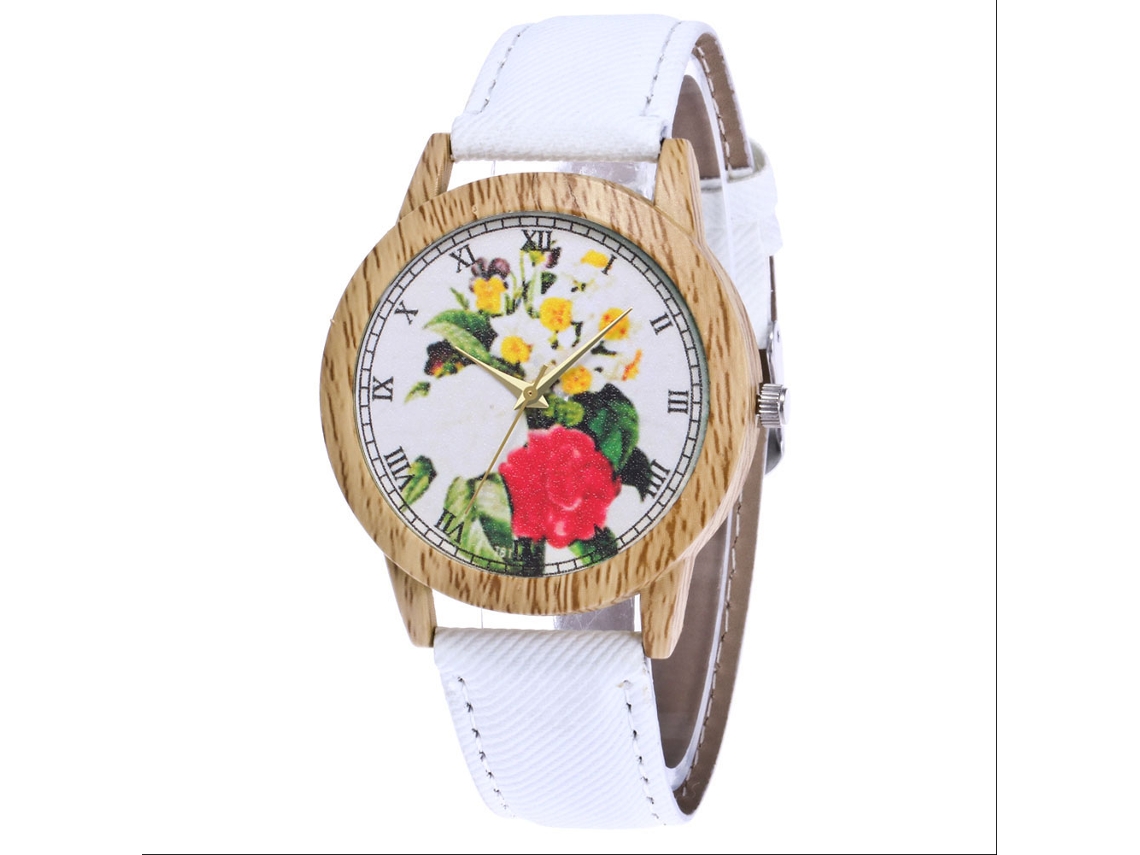 Reloj De Pulsera Casual Blanco De Cuarzo Con Estampado Floral Retro Y Diseño De Jeans Para Mujer.