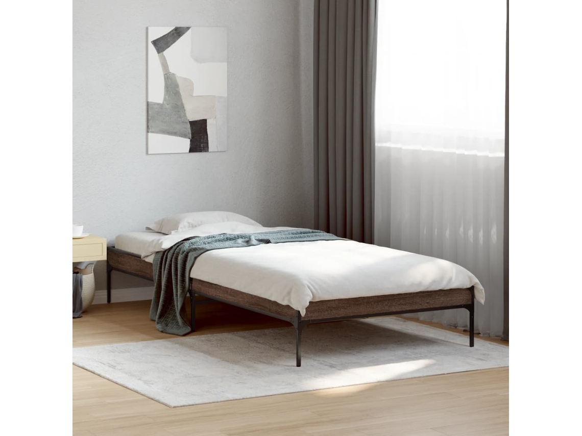 Estructura Cama Madera Ingeniería Metal Marrón Roble 100x200 Cm