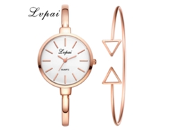 Reloj De Pulsera De Cuarzo Para Mujer Con Brazalete De Aleación Blanca Y Oro Rosa - Moda