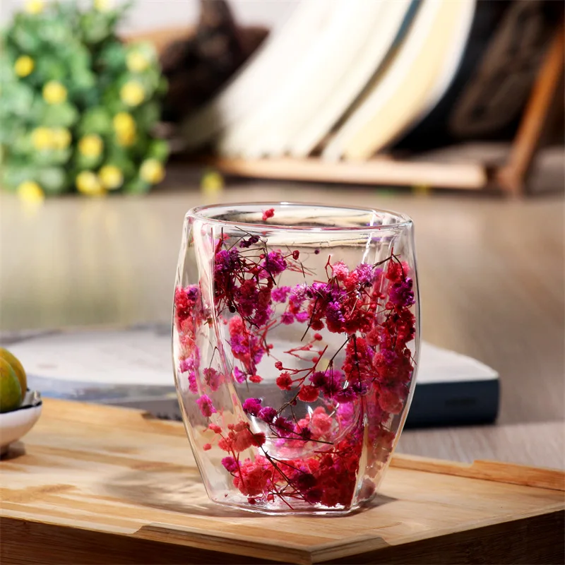 Taza Personalizada De Vidrio Transparente De Doble Pared Con Estampado Floral (roja, 300 Ml).