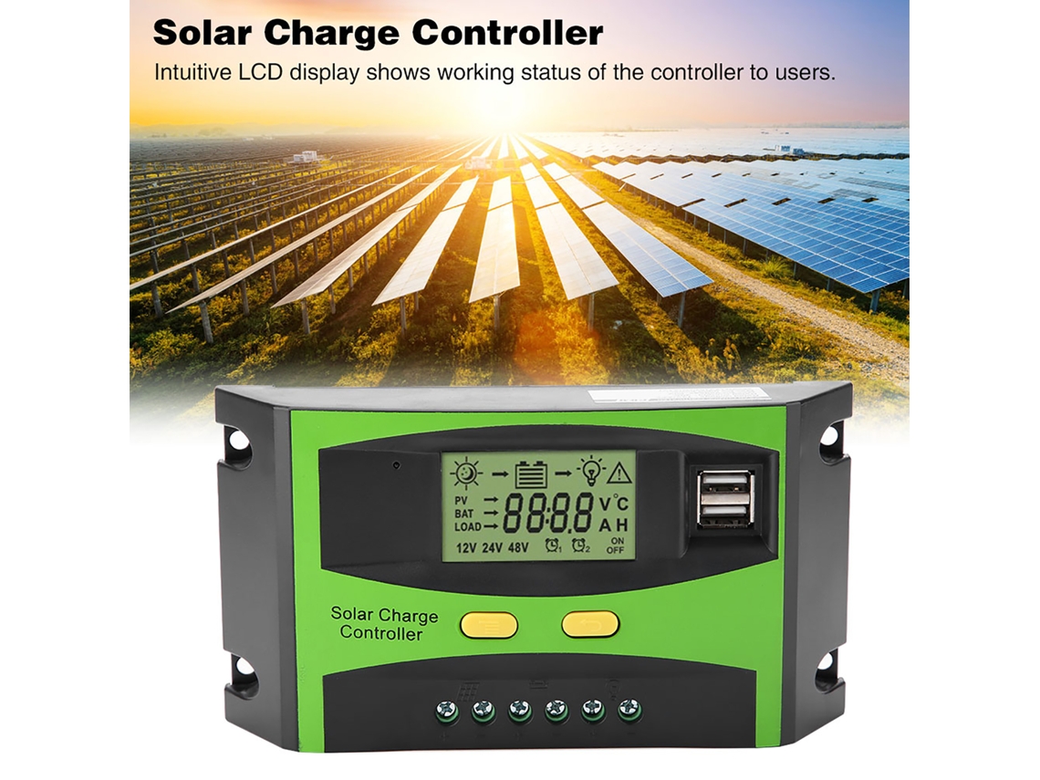 Controlador de carga solar PWM con dos puertos USB, 12V/24V, 20A, con pantalla LCD.