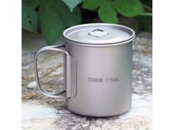 Vaso ultraligero de titanio de 375 ml con tapa y asa plegable.