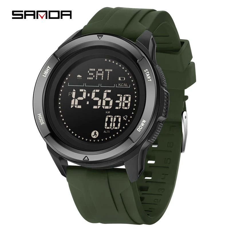 Reloj Digital Para Hombre Con Correa De Silicona Verde, Podómetro, Brújula Y Función Resistente Al Agua Para Uso En Exteriores.
