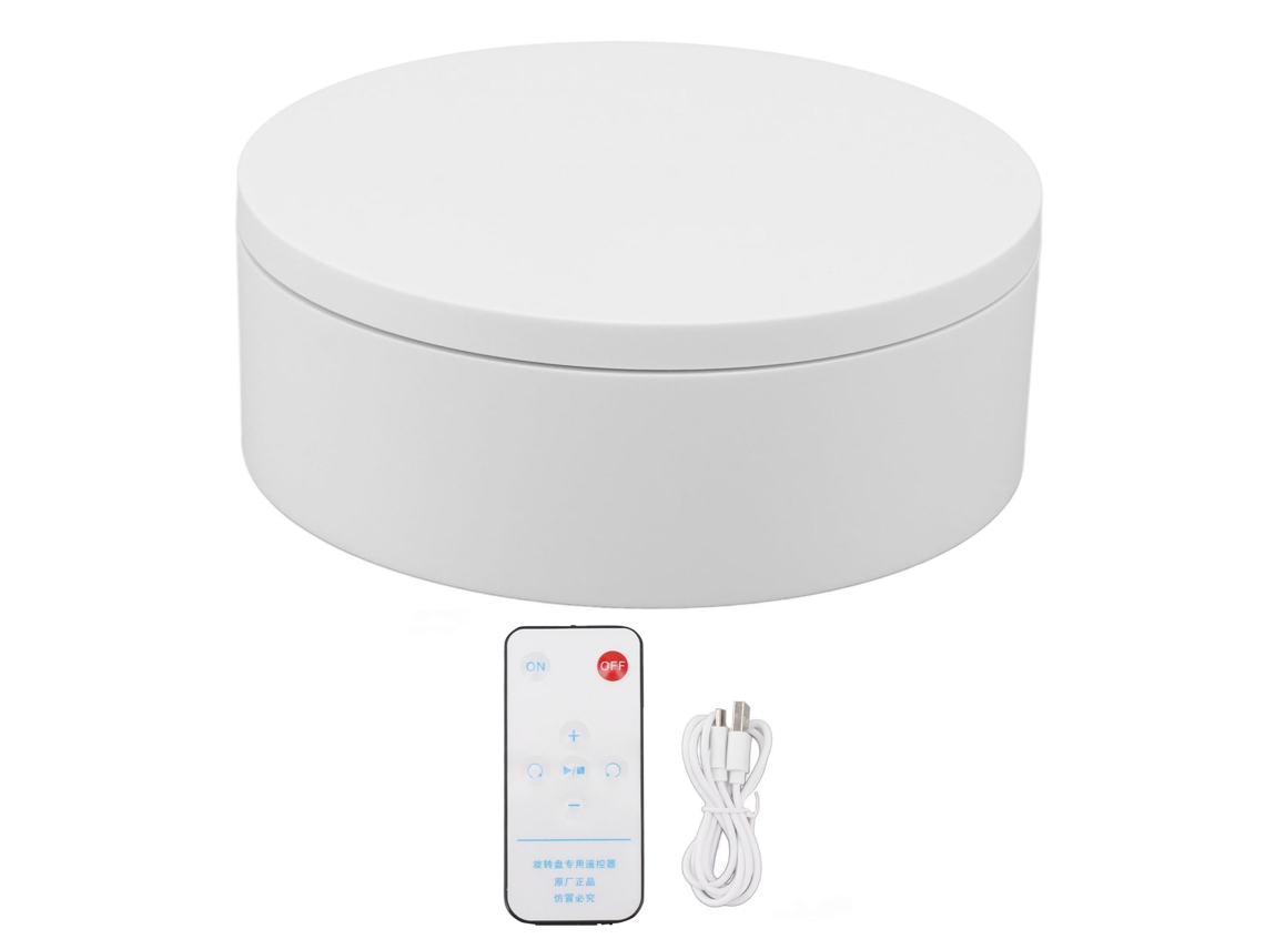 Base giratoria automática blanca con control remoto, capacidad de carga de 3 kg, 13 cm de diámetro para productos.
