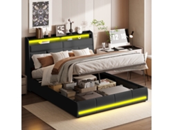 Cama Doble 140x200cm Con Iluminación Led, Cama Con Almacenaje Hidráulica, Estructura De Cama Moderna Con Somier, Pu Negro, Sin Colchón