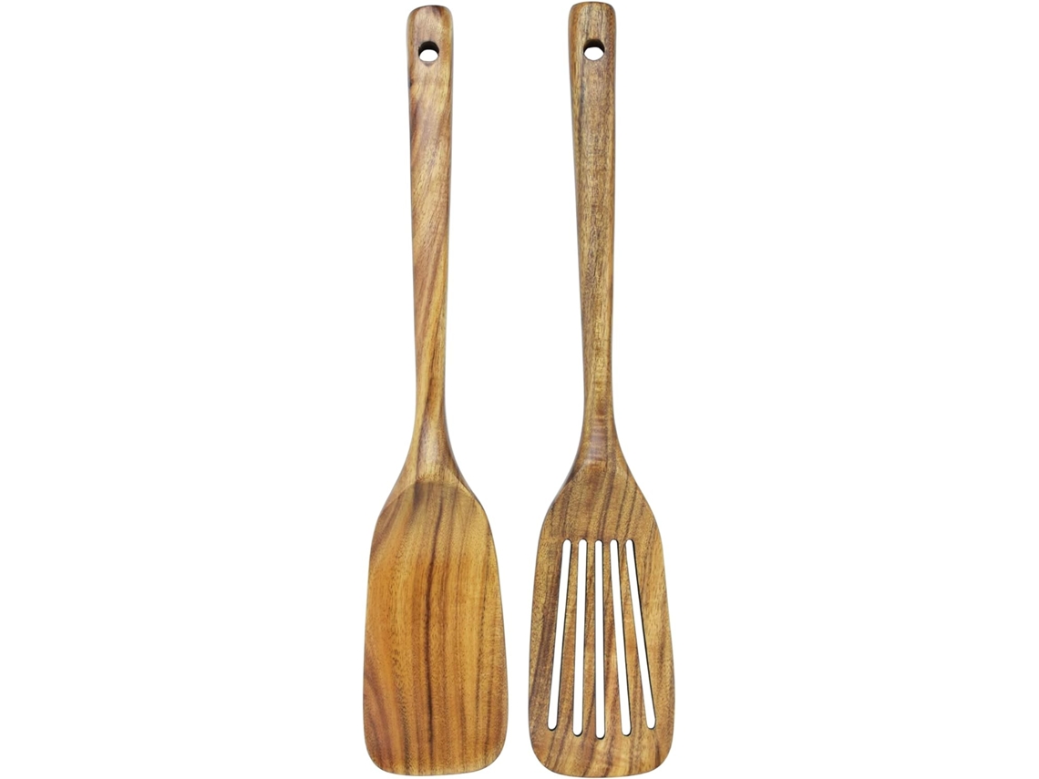 Espátula de madera y espátula de cocina perforada, teca natural, mango largo, hecha a mano, para utensilios de cocina antiadherentes