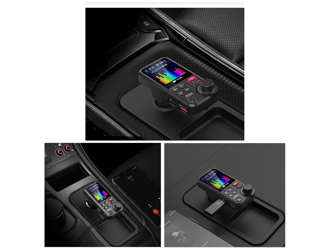Transmisor FM para coche, Bluetooth, reproductor de MP3, cargador USB doble, pantalla de 1,8''
