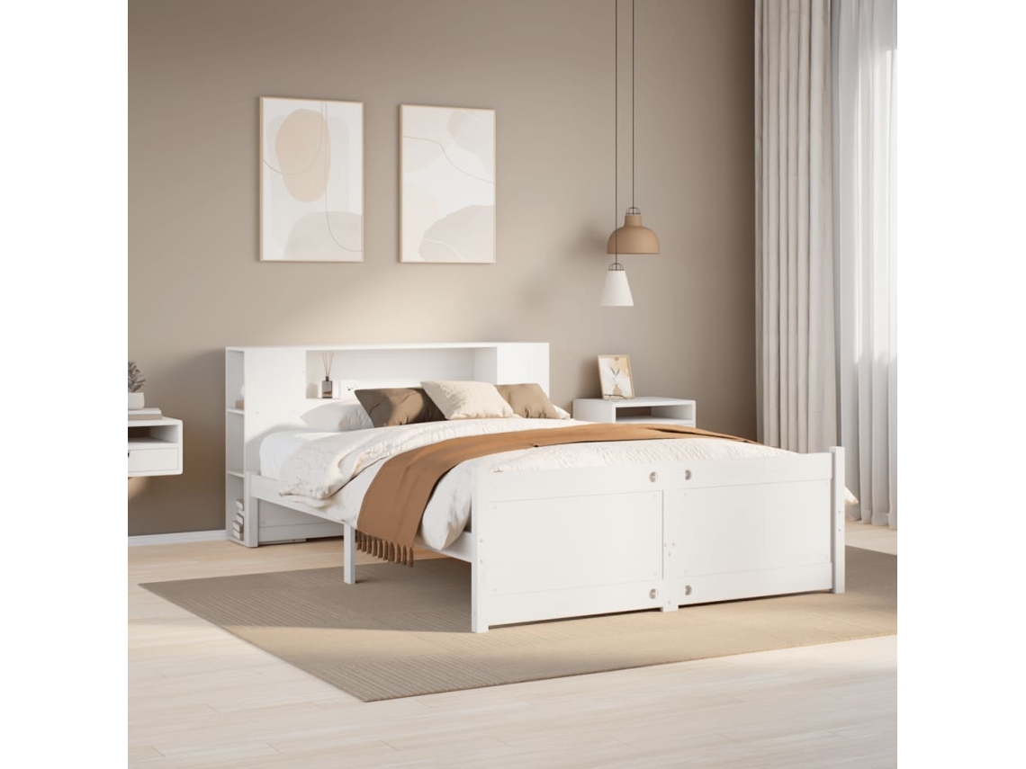 Cama Con Estantería Sin Colchón Madera Maciza Blanca 120x200 Cm