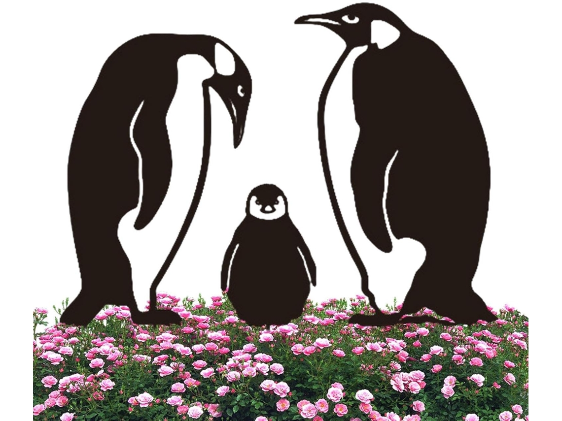 Jardín De Arte Con Pingüinos De Metal Negro, Estacas Rústicas Horizontales Para Una Familia De Pingüinos, Decoración