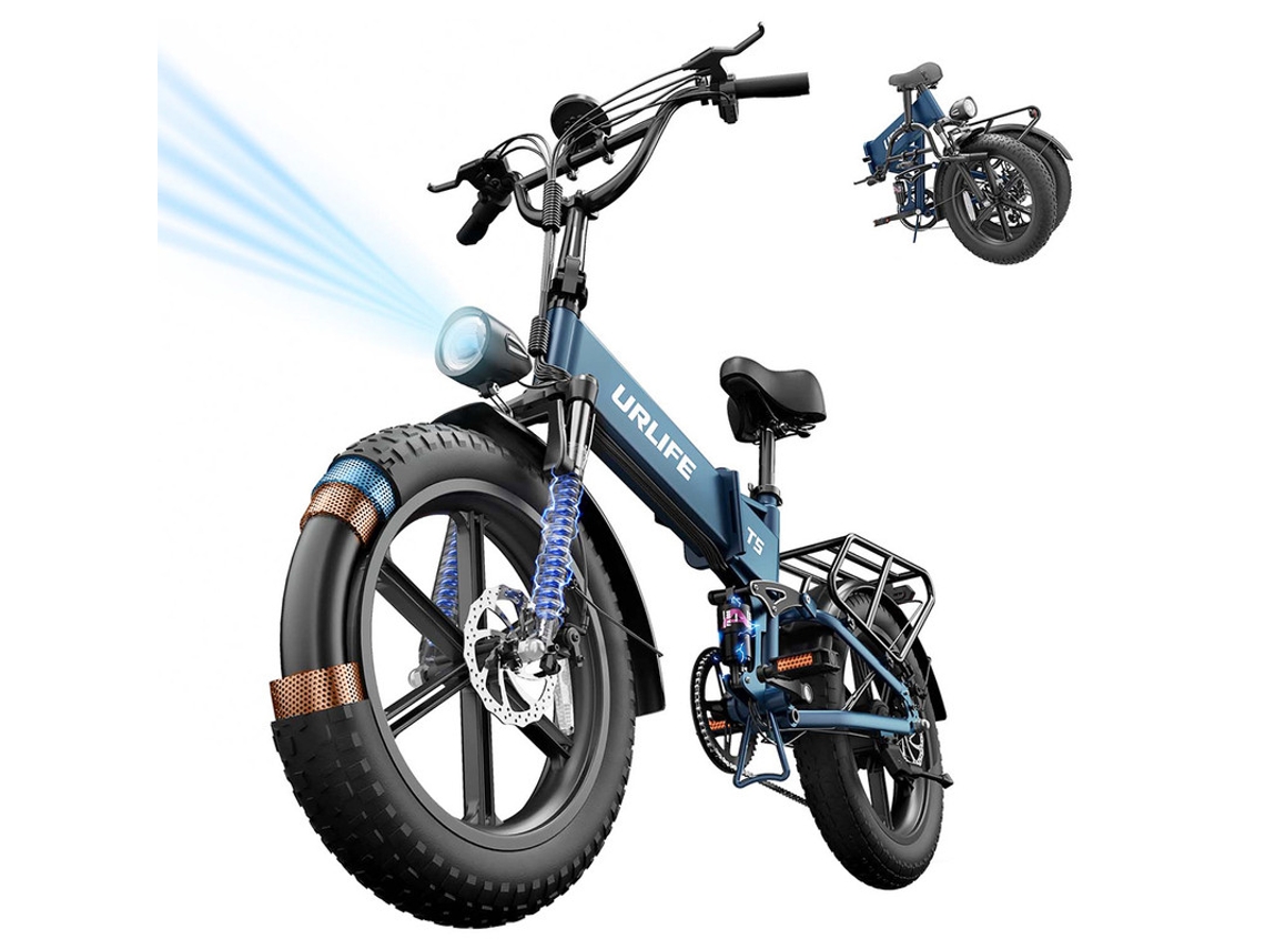 Bicicleta eléctrica Urlife T5 750w 48v 13ah Fat Bike 20x4.0 Suspensión completa Autonomía de 125km Velocidad de 45km/h Shimano 7v Azul