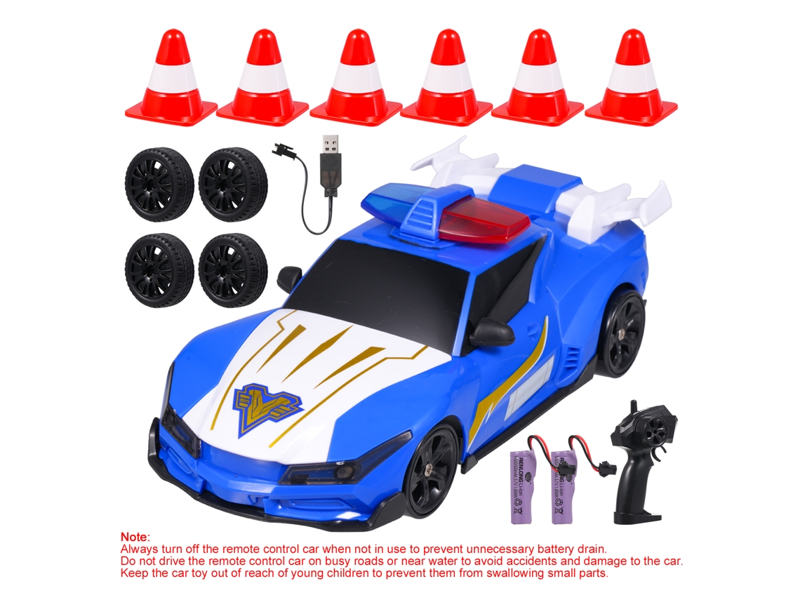 Carrinho De Polícia Controle Remoto 4wd Drift Com Luzes 2 Baterias Recarregáveis Presente Para Crianças Azul