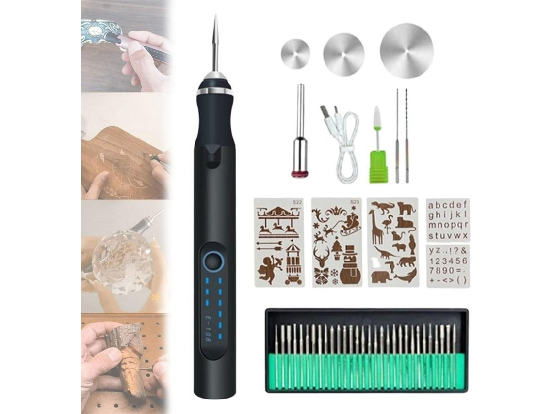 Juego de bolígrafos de grabado eléctricos recargables por USB, velocidad ajustable para tallar vidrio, metal y piedra - Digitallab (negro)