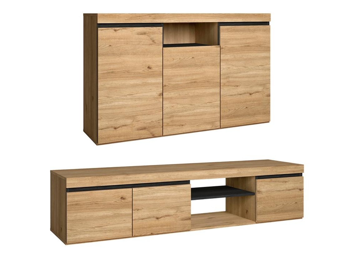 Conjunto de Muebles Naturale, Buffet-mueble Tv 160cm Roble Negro Nórdico
