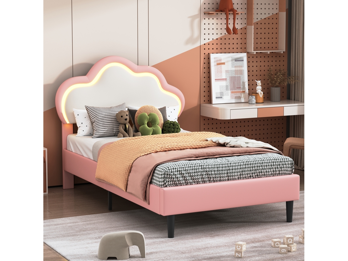 Cama Tapizada 90x200cm Cama Individual Cama Infantil Cama Juvenil Con Cabecero Nube Regulable, Luz Led, Polipiel