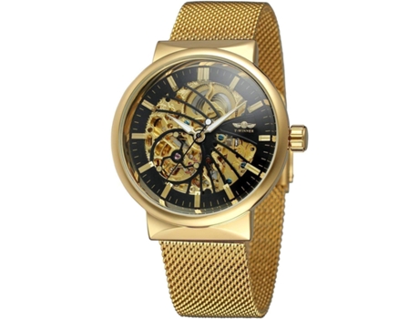 VEANXIN Reloj de pulsera impermeable de acero inoxidable con esqueleto automático-Oro negro