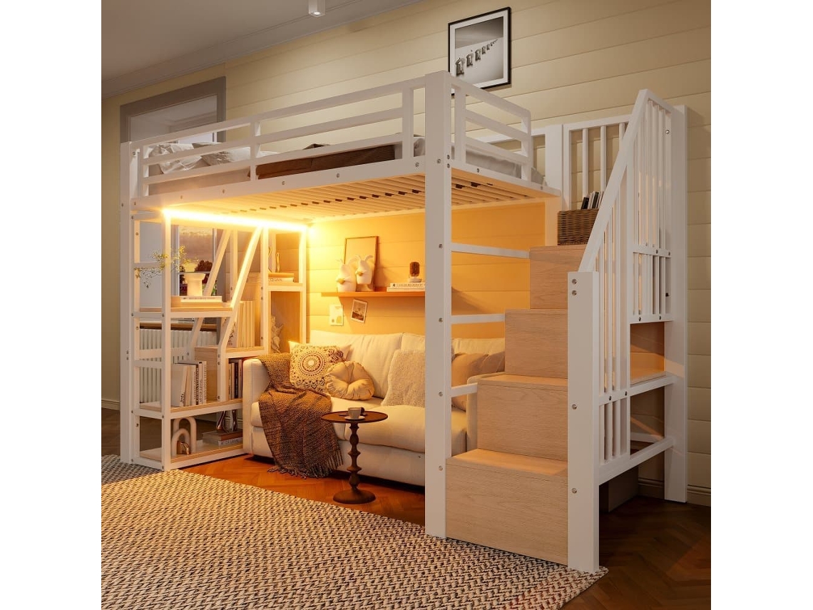 Cama Alta 90x200 Cm - Estructura Metálica, Estante, Escalera Integrada, Barra De Protección, Luz Led, Almacenamiento Abierto - Blanco