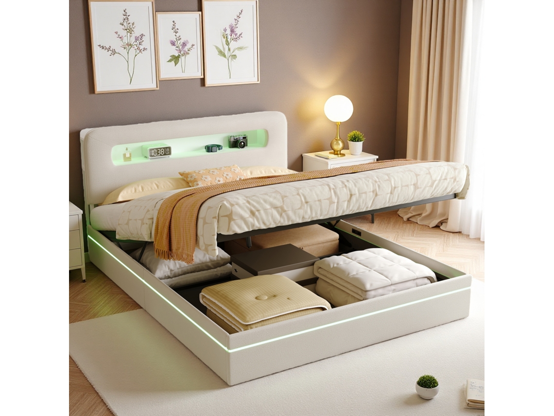 Cama Con Almacenamiento Hidráulico 140x200 Cama Doble De Terciopelo Beige Con Luces Led Rgb Y Cabecero De Diseño Moderno Para Adultos