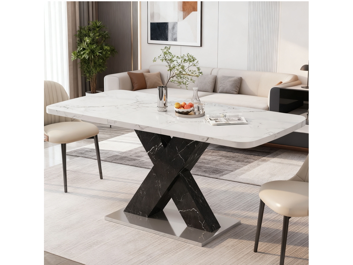 Mesa De Comedor Extensible De 120-160 Cm, De Mármol Blanco Con Patas Negras En Forma De X.