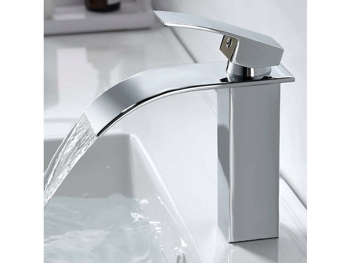 JILLIOPER Elegante grifo de baño de cascada, mango de latón sólido 1 orificio, acabado cromado pulido para lavabo de baño montado en la cubierta