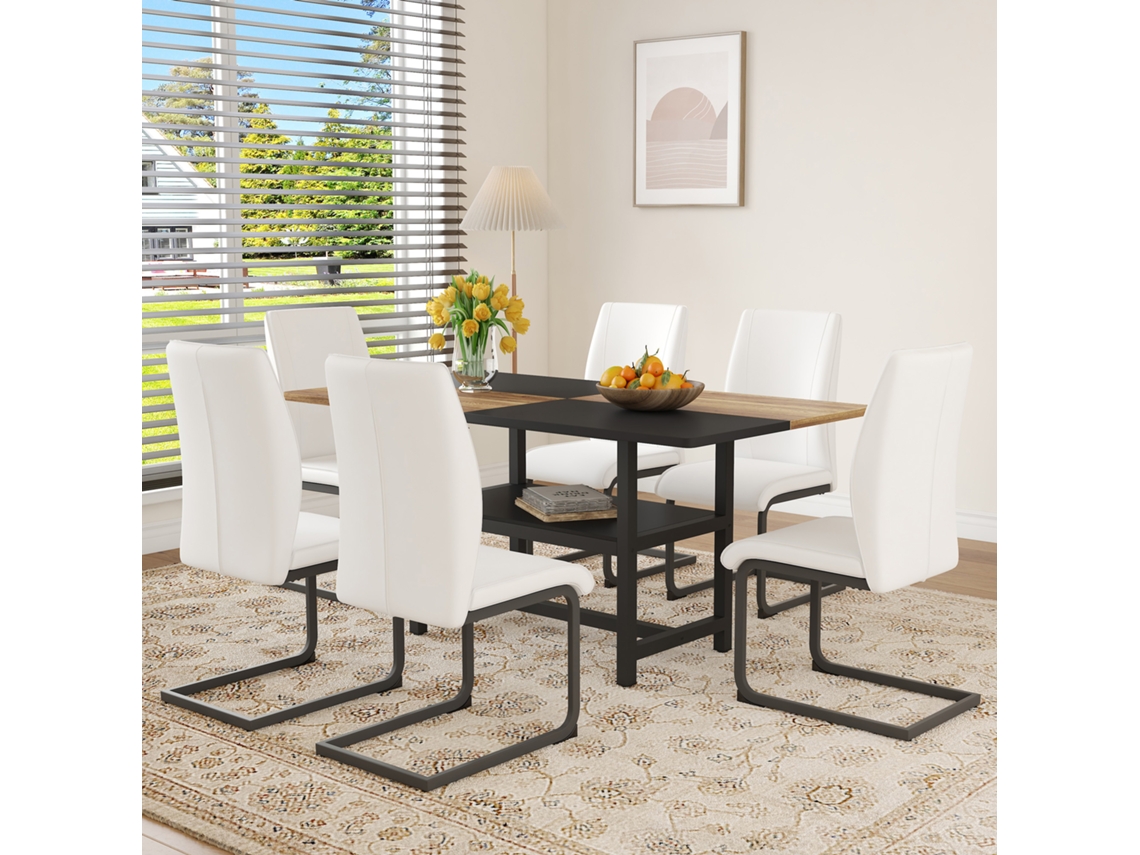 Conjunto De Mesa De Comedor Rectangular De 160 Cm Con Estante Y 6 Sillones En Cuero Sintético Blanco
