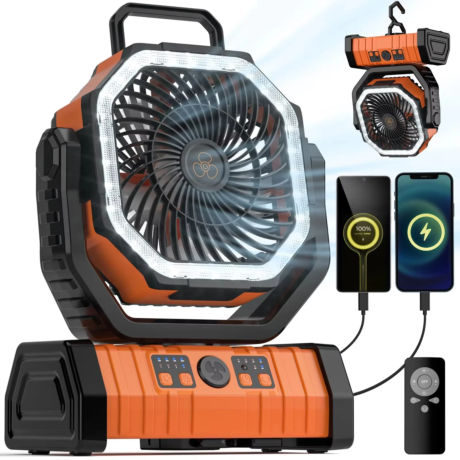 Ventilador Portátil Recargable De Escritorio/camping Con Batería De 20000 Mah, Luz Led Y Gancho (naranja).