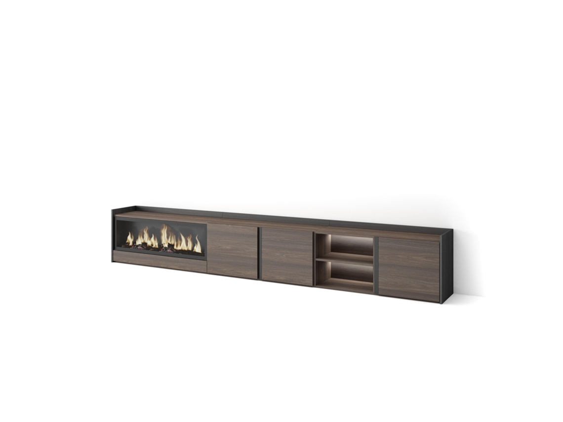 Mueble Tv, Televisión, 315x35x50cm, Para Tv Hasta 80", Chimenea Eléctrica Xxl, Led, Roble Oscuro Y Negro